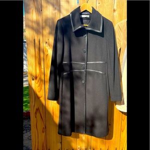 Via Spiga Black Long Wool Blend Coat with Leather Trim